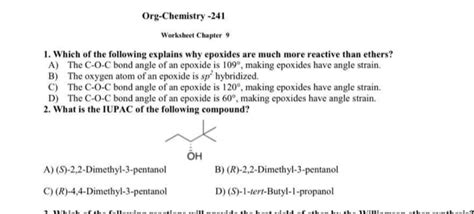 Solved Org Chemistry Worksheet Chapter Which Of The