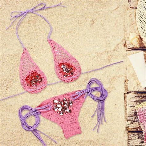 Sexy Women Handmade Swimwear Crochet Beach Swimsuit Cover Up Knitted Bikini Sets Summer Swimming