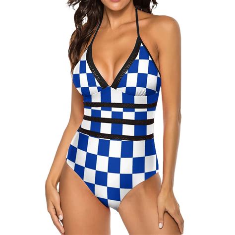 Blue And White Checkerboard Swimsuit Racing Flag Checkered Female
