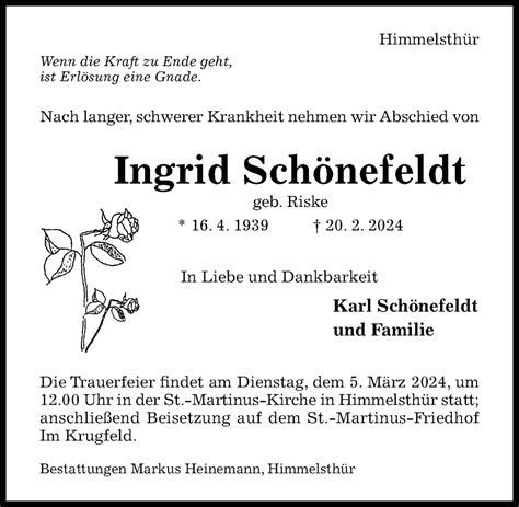 Traueranzeigen Von Ingrid Sch Nefeldt Trauerportal Hildesheimer