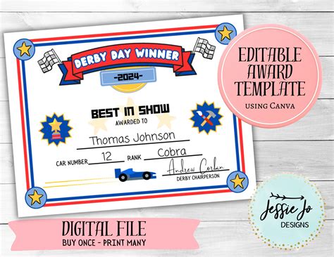Derby Day Winner - Car Race Certificate - Editable Award Template