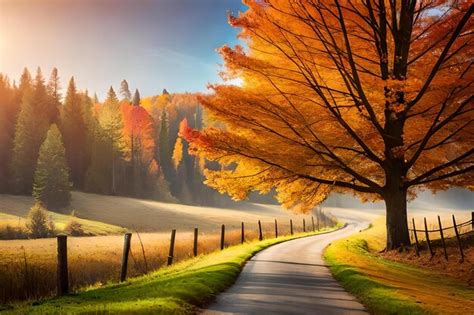 Premium AI Image | Autumn landscape with a road and trees