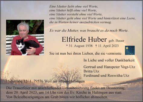 Traueranzeigen Von Elfriede Huber Schwarzw Lder Bote Trauer