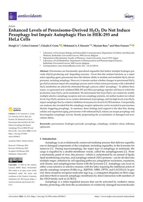 Pdf Enhanced Levels Of Peroxisome Derived H O Do Not Induce