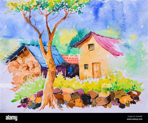 Bright Indian Village Watercolor Painting Hand Painted Village Homes