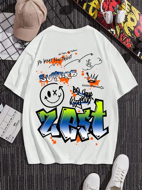 Men Cartoon & Slogan Graphic Drop Shoulder Tee | Boys clothes patterns ...