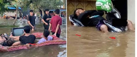 Potret Kocak Orang Menghadapi Banjir Ini Santuinya Nggak Ada Lawan