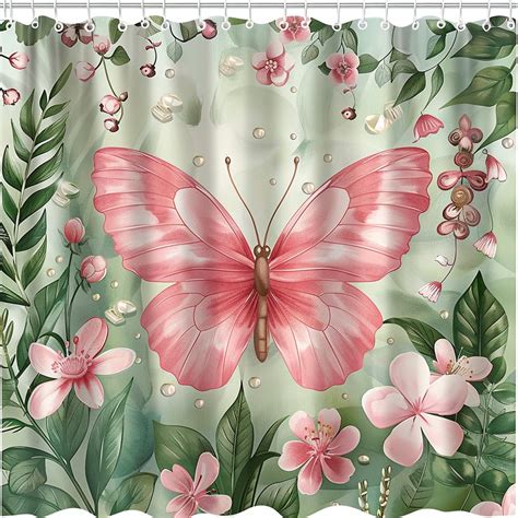 Watercolor Pink Butterfly Shower Curtain Boho Fantasy Floral Design