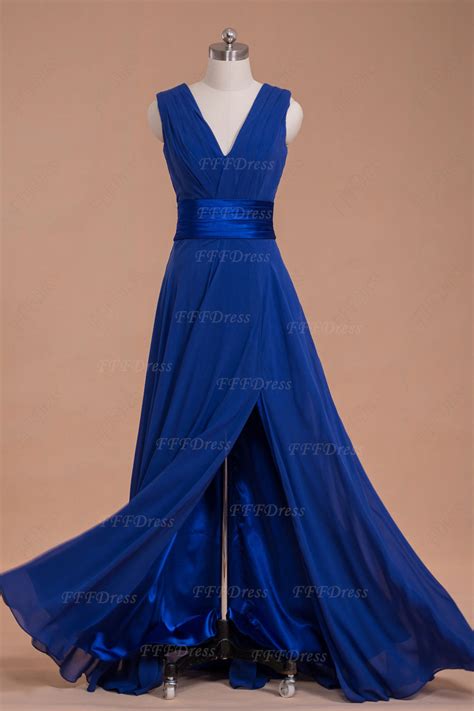 V Neck Royal Blue Long Bridesmaid Dresses With Slit Fffdress