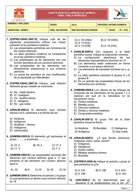 Pr Ctica Dirigida To Selecci N Tabla Periodica Pdf