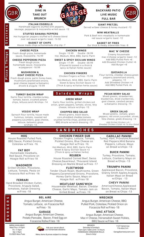 Menu | Buffalo, NY | The Garage Bar & Restaurant