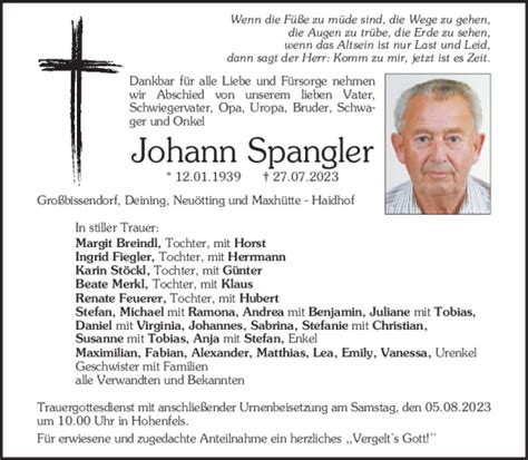 Traueranzeigen Von Johann Spangler Mittelbayerische Trauer