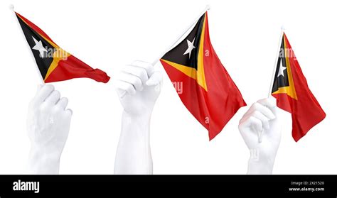 Three Isolated Hands Waving East Timor Flags Symbolizing National