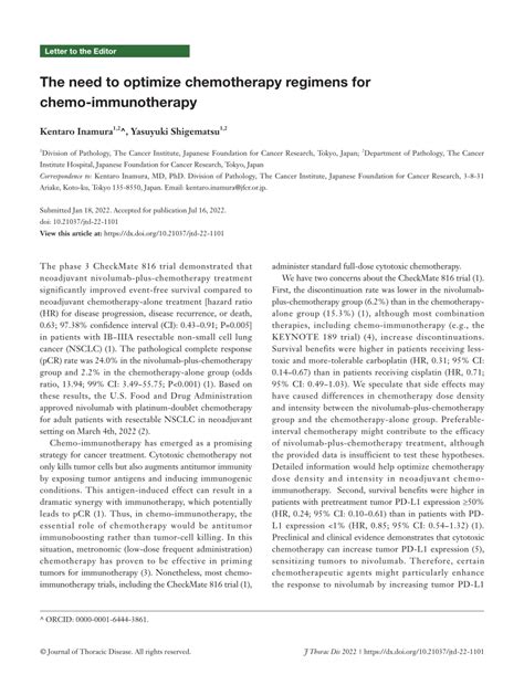 (PDF) The need to optimize chemotherapy regimens for chemo-immunotherapy