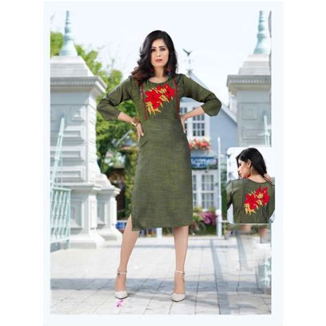 Cotton Straight 3 4th Sleeve Ladies Embroidered Kurti Size S Xxl