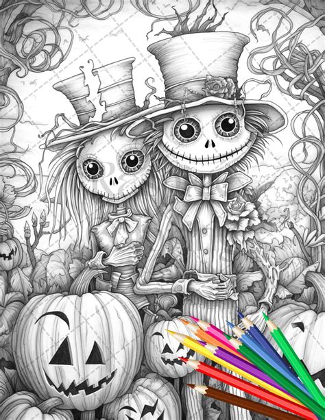 Scary Scarecrows Grayscale Coloring Pages Printable For Adults Hal