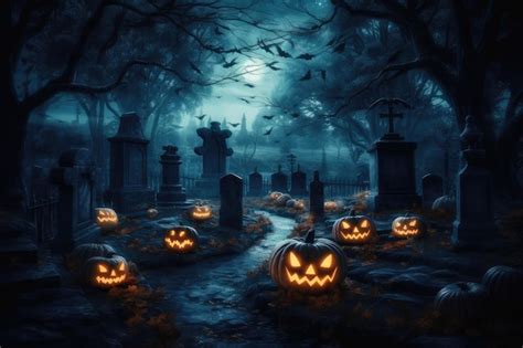 Premium Ai Image Halloween Pumpkins In A Cemetery At Night