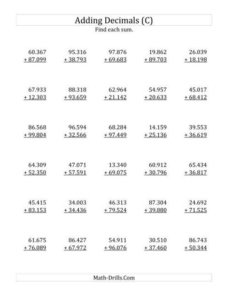 Adding Decimal Thousandths With 2 Digits Before The Decimal Range 10 001 To 99 999 C