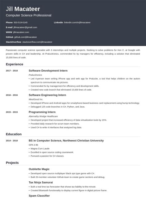 Computer Science Cs Resume Template Examples For