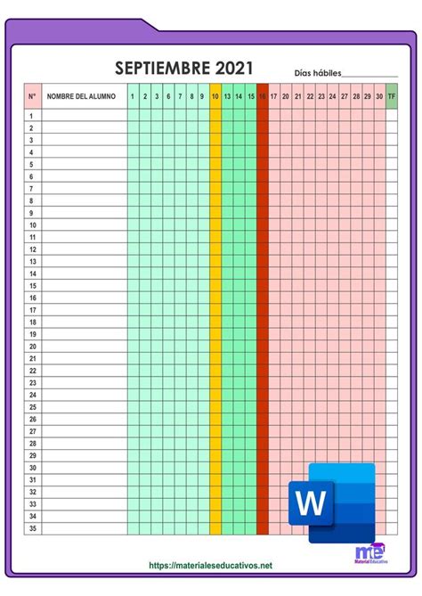 Registro De Asistencia Ciclo Escolar Word Listas De