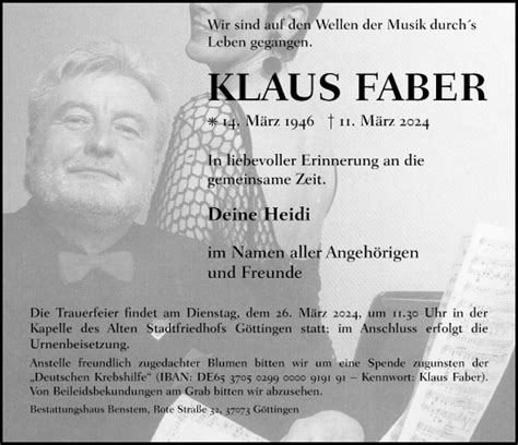 Traueranzeigen Von Klaus Faber Trauer Anzeigen De