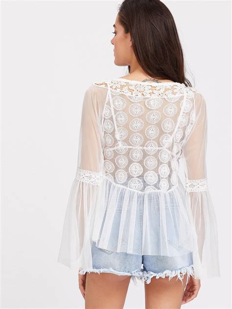 Contrast Crochet Lace Up Sheer Mesh Top Shein Sheinside