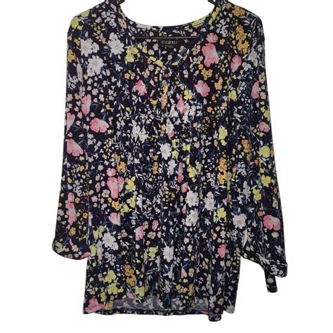 Roz Ali Tops Roz Ali Womens Navy Blue Floral Sleeves Smocked