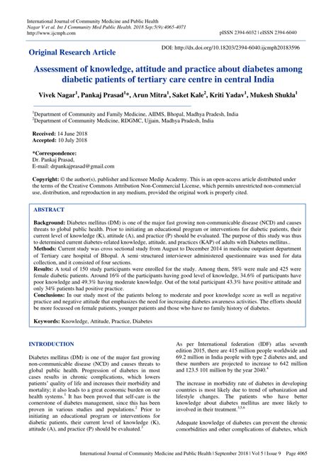 Pdf Assessment Of Knowledge Attitude And Practice About Diabetes Among Diabetic Patients Of