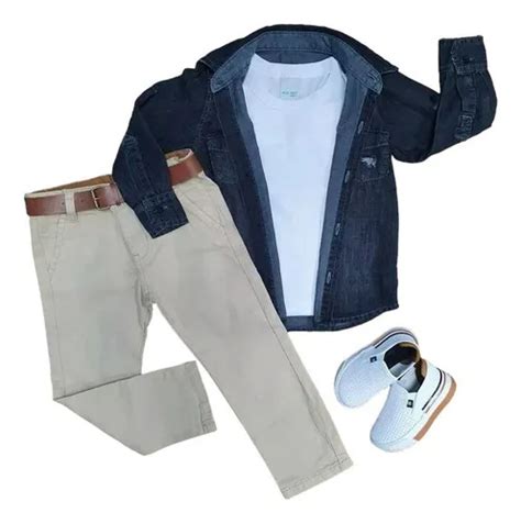 Camisa Jeans Preta Camiseta Branca E Calça Nude Infantil