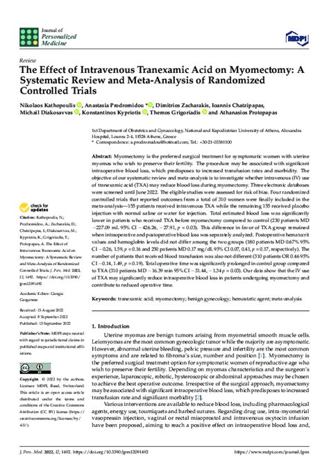 Pdf The Effect Of Intravenous Tranexamic Acid On Myomectomy A