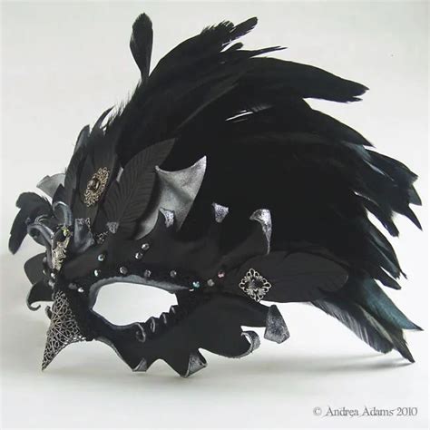 Ornate Leather Raven Mask with Feathered Headdress - Beadmask