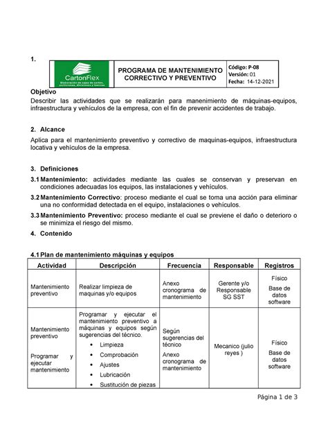 P Programa De Mantenimiento Correctivo Y Preventivo Maquinas