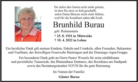 Traueranzeigen Von Brunhild Burau Nordwest Trauer De