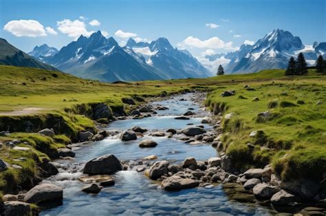 Un Beau Paysage D'une Vallée De Montagne Avec Une Rivière Qui La ...