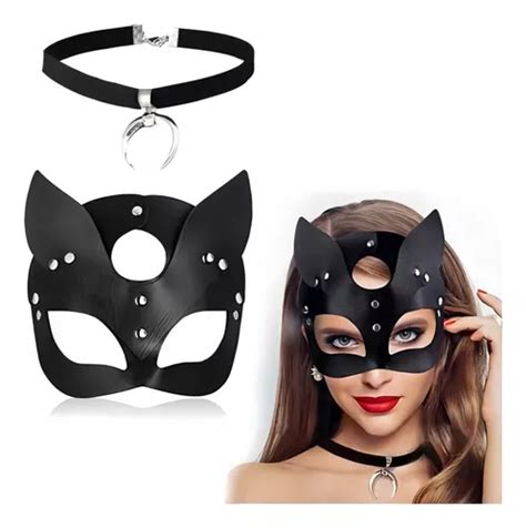 Antifaz De Gatubela Mascara Negra Cosplay Sexy Mujer Collar Meses Sin