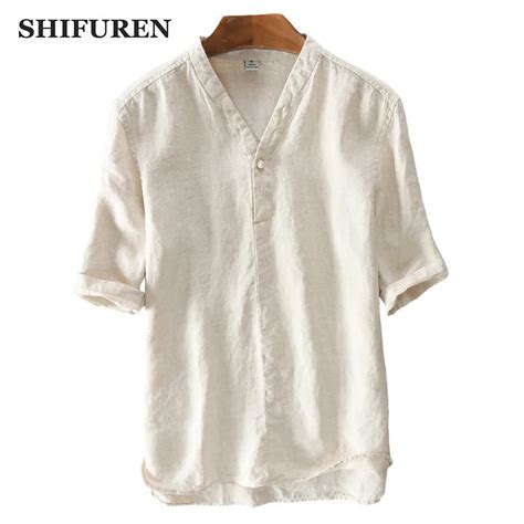 Shifuren Summer Men Linen Shirts Half Sleeve Traditional Chinese Style