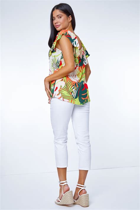 Petite Tropical Print Bardot Top In Lime Petite Uk