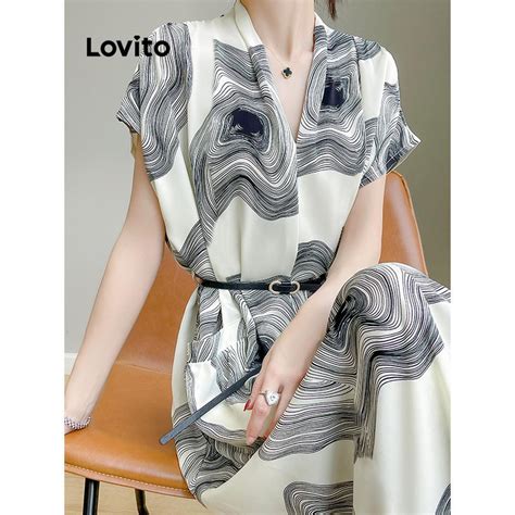 Lovito Casual Geometric Pattern Dress For Women Lnl Shopee Malaysia