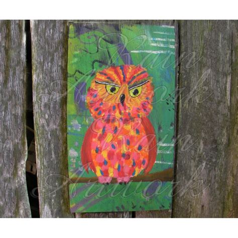 Primitive Funky Folk Art Orange Owl Painting Colorful Funky Home Decor