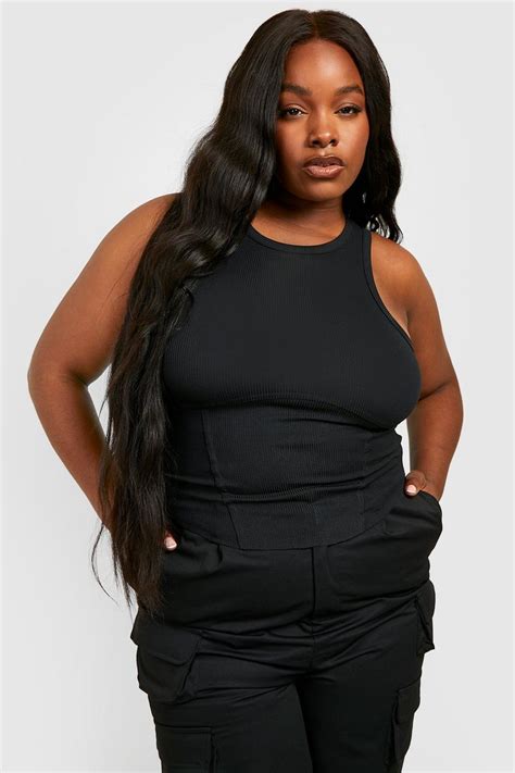 Black Plus Rib Racer Corset Top Boohoo Uk