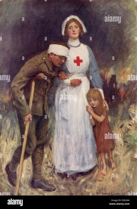 Red Cross nurse supporting an injured soldier and child dseeking ...