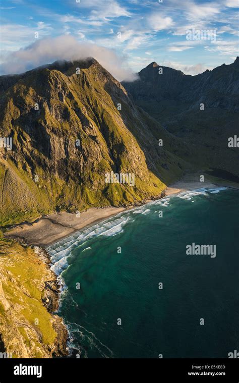 View of Kvalvika beach from the summit of Ryten Moskenesøy Lofoten