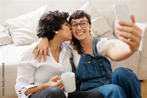 Affectionate Lesbian Couple Taking Selfie Stock Photo Adobe Stock