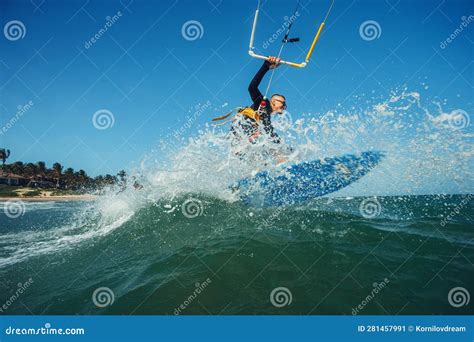 Kite Surfer Riding a Kite Board on the Sea Stock Image - Image of ...