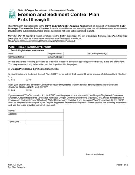 Oregon Erosion And Sediment Control Plan Parts I Through Iii Fill