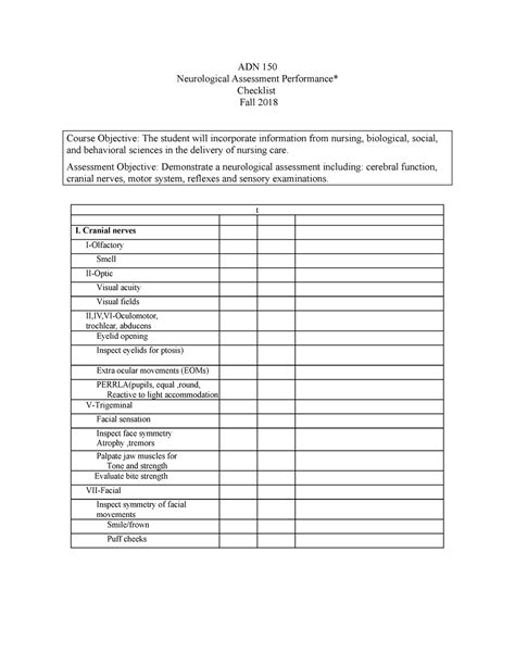 Neuro Assessment Performance Checklist Fall 2018 Adn 150 Neurological Assessment Checklist