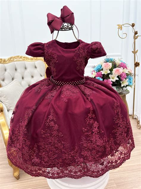 Vestido Infantil Marsala Renda e Cinto de Pérolas Luxo Rosa Charmosa