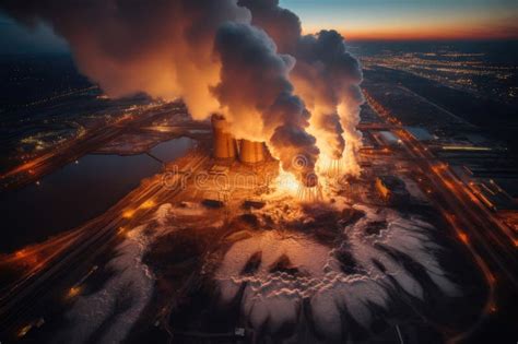 Aerial View Of Big Explosion And Fire On Power Plant Generative AI