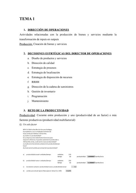 Tema Operaciones Y Productividad Tema Direcci N De