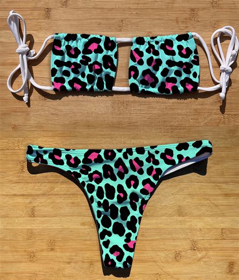 Swimwear Square Halter Tie Bikini Set Colorful Cheetah Etsy